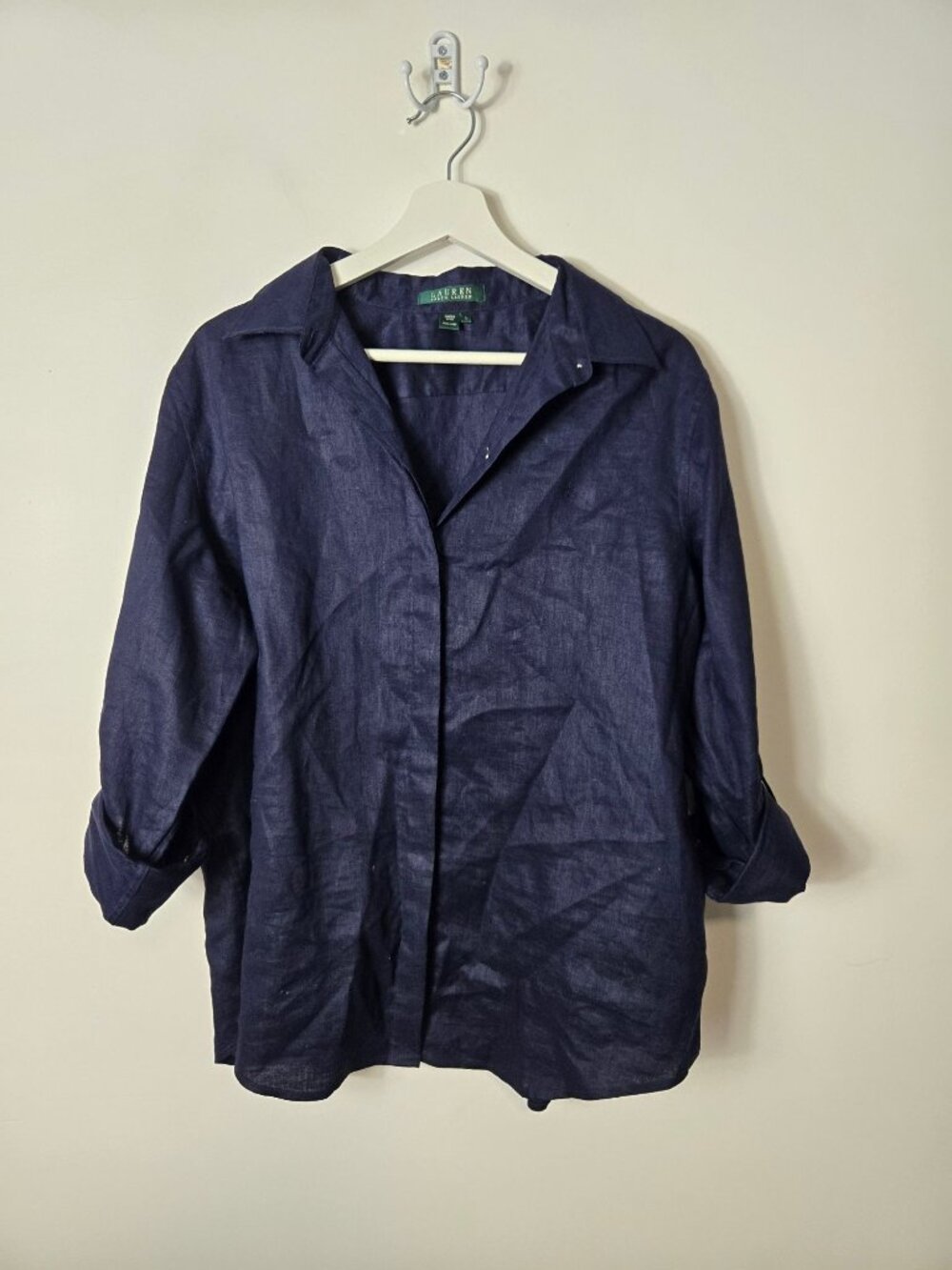 Lauren Ralph Lauren 100% Linen Roll-Tap Dark Navy Button-Up Shirt Size L